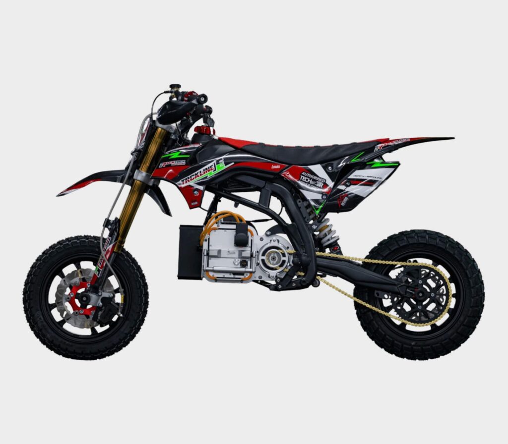 Trckline E DropIn72V Elektro-Pitbike Seitenansicht zeigt USD-Gabel Federbein und Bremsscheibe